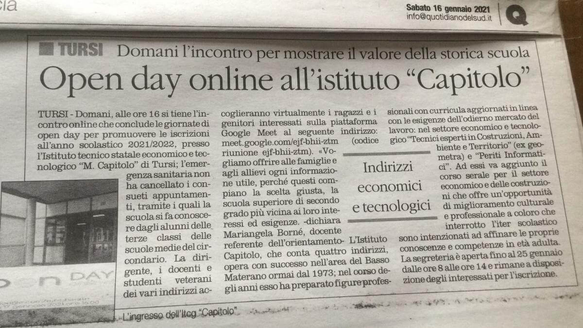 Scopri di più sull'articolo Open day online all’istituto “Capitolo”