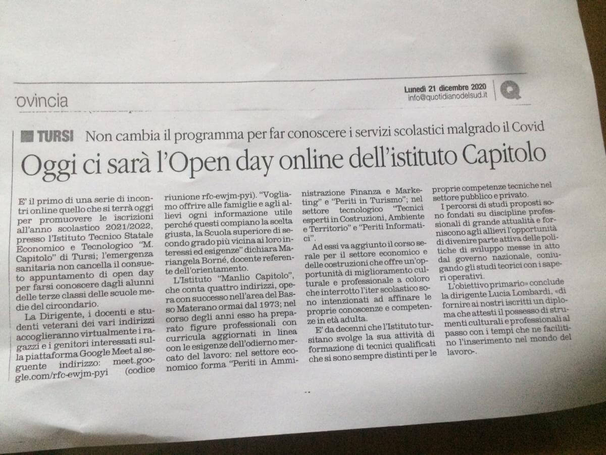 Scopri di più sull'articolo Oggi ci sarà l’Open day online dell’istituto Capitolo