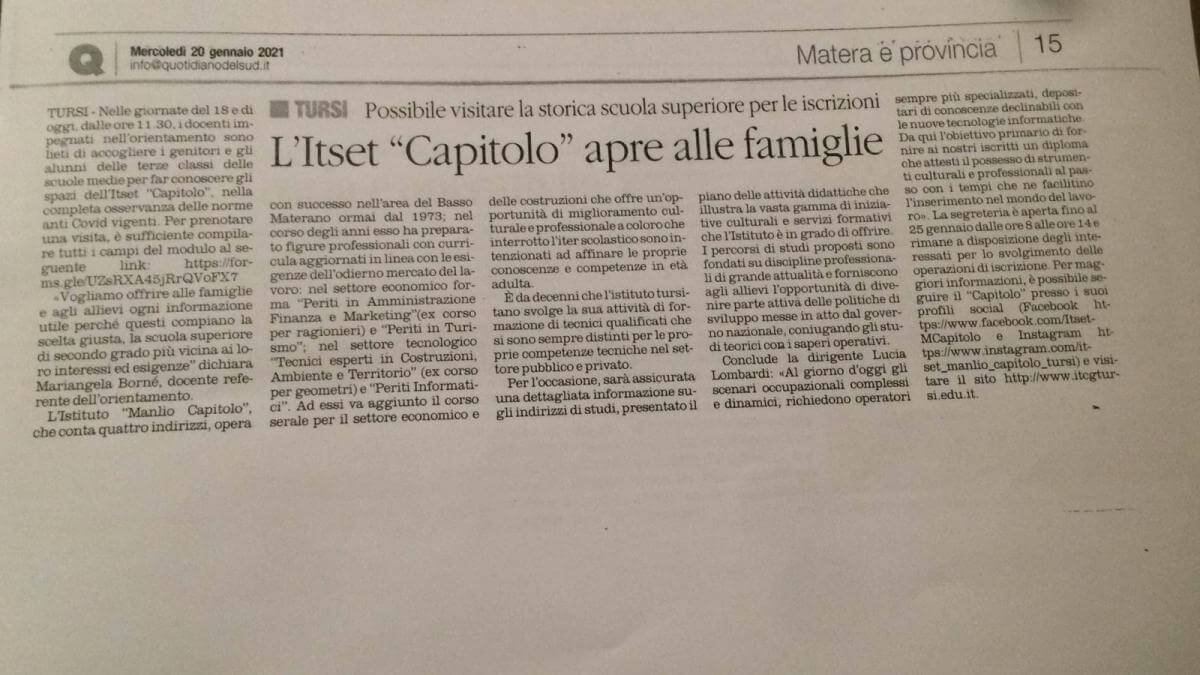 Scopri di più sull'articolo “L’Itset “Capitolo” apre alle famiglie”