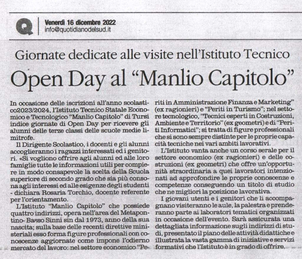 Openday e orientamento 2022 (Quotidiano del Sud – 16/12/2022)